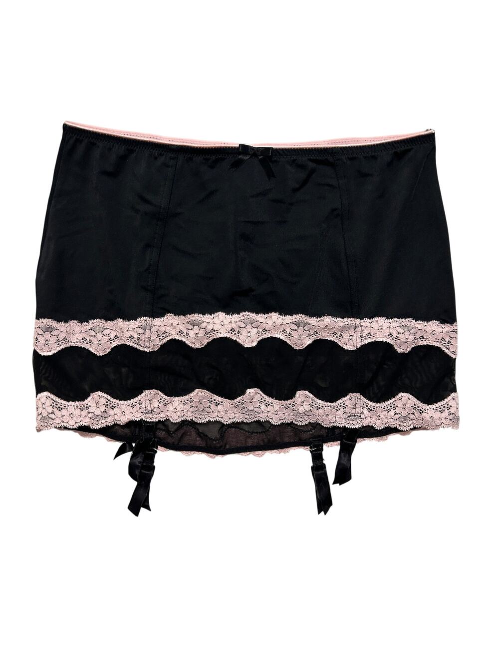 VTG Y2K 00s Jezebel Garter Mesh Lace Trimmed Lingerie Mini Skirt Black & Pink M